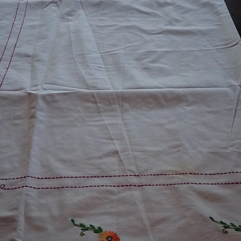 Vintage 1950s Hand Embroidered Easter Basket Tablecloth 72x53 w/ Crochet Trim